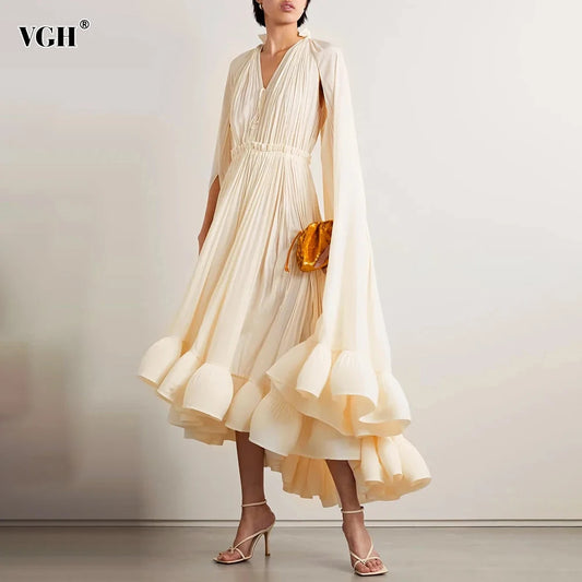 VGH Ruffles Irregular Solid Dresses For Women V Neck Cloak Sleeves High Waist Spliced Lace Up Loose Folds Dress Female Summer