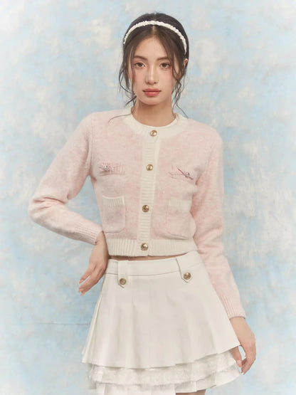 Deeptown Korean Fashion Pink Cropped Cardigan Women Kpop Sweet Girl Knitted Sweater Bow Coquette Aesthetic Long Sleeve Tops New