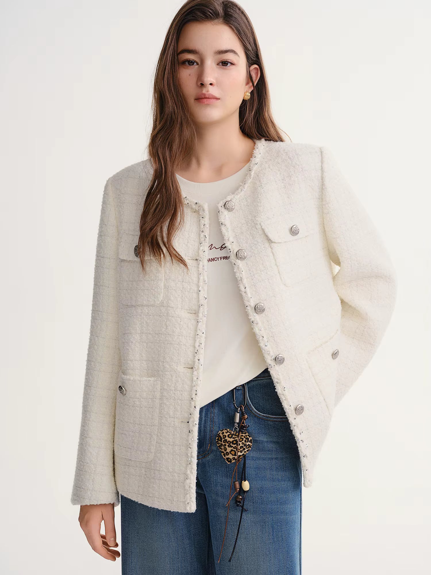 Autumn Winter 2025 Women's Embellished Tweed Jacket - Heavy Craft Lace Trim & Braided Detail Casual Elegance Outerwear