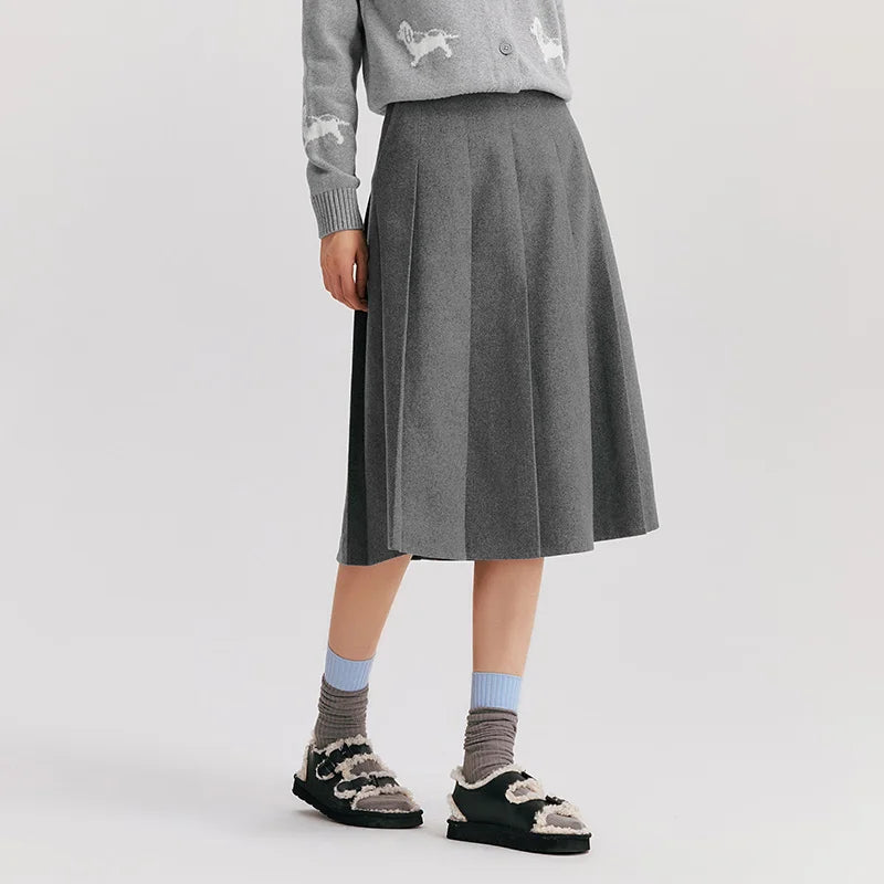 Semir Skirt Women Imitation Woolen Simple Versatile Fashionable 2024 Winter New Solid Color A-Line Pleated Skirt Literary Skirt
