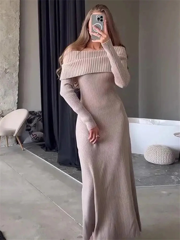 Tossy Fashion Knit Long Dress Off-Shoulder Female Ribbed Loose High Waist Elegant Autumn Party Dress Ladies Knitwear Maxi Dress