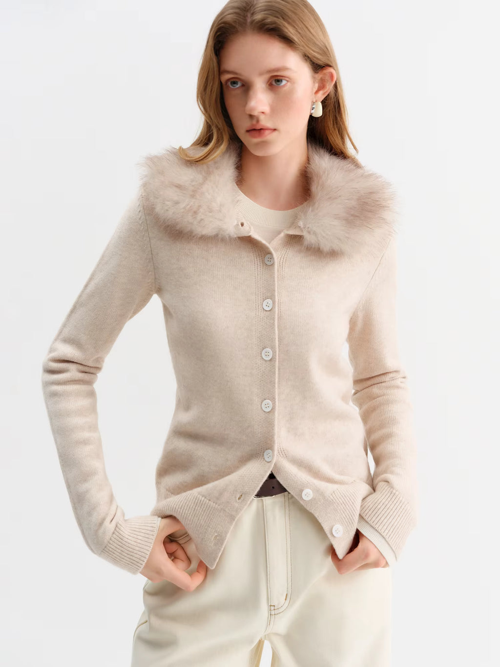 2025 Winter Women's Faux Fur Collar Knit Cardigan Long Sleeve Round Neck Coat Simple Commute Cozy Oversized Open Front