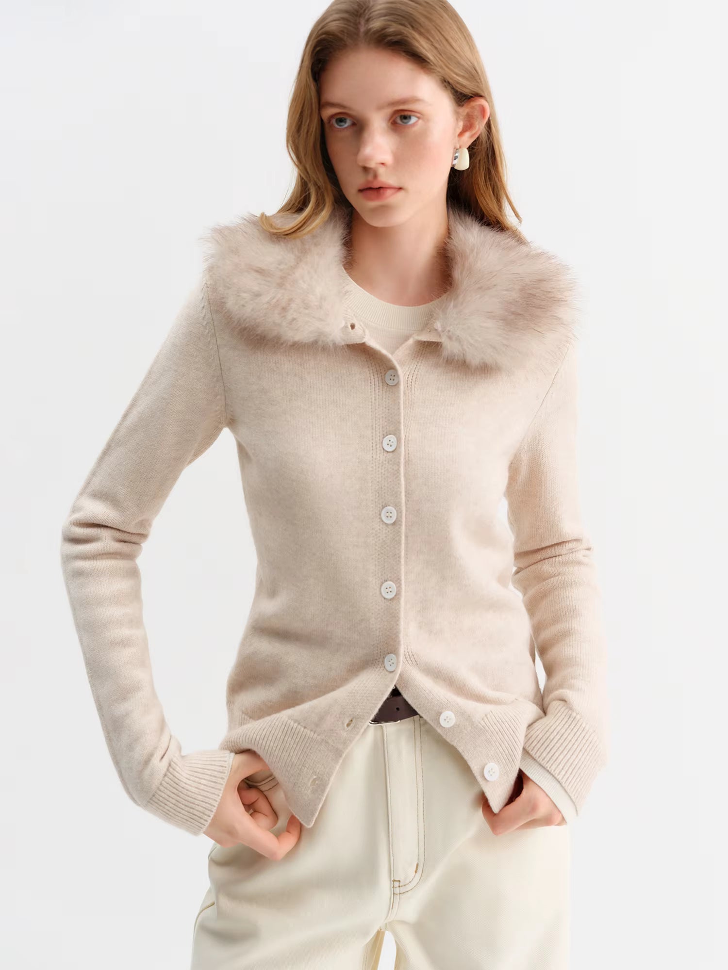 2025 Winter Women's Faux Fur Collar Knit Cardigan Long Sleeve Round Neck Coat Simple Commute Cozy Oversized Open Front