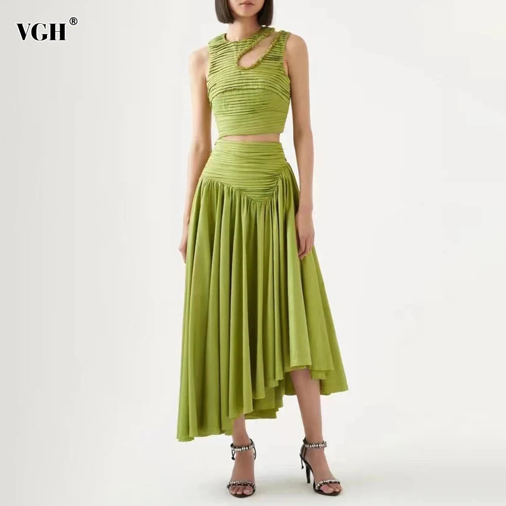 VGH Slim Two Piece Sets For Women Round Neck Sleeveless Hollow Out Pleat Crop Tops Irregular Hem Pleated Skirt Solid Set Female