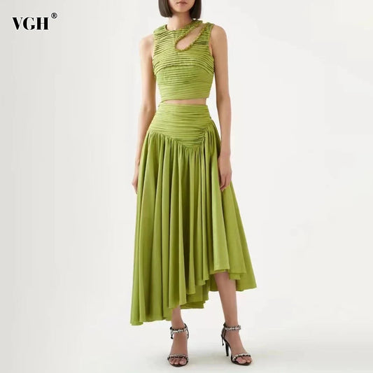 VGH Slim Two Piece Sets For Women Round Neck Sleeveless Hollow Out Pleat Crop Tops Irregular Hem Pleated Skirt Solid Set Female