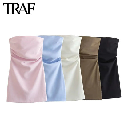 TRAF Women Fashion Sexy Back Zipper Solid Color Pleats Strapless Mini Dress Chic Female Sleeveless Evening Dresses Mujer