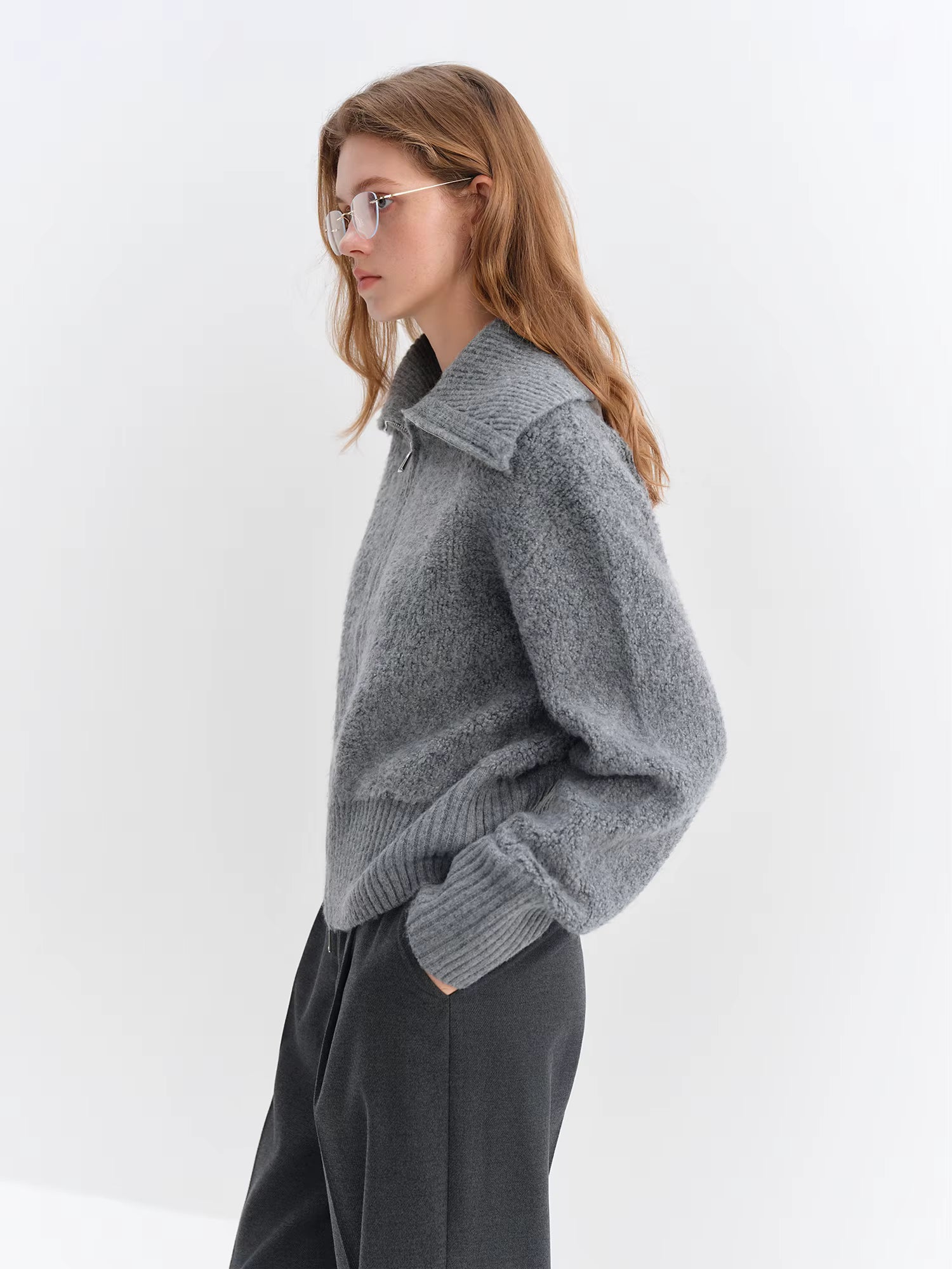 2025 Winter Women's Grey Preppy Style Wide Notch Lapel Knit Cardigan - Casual Commute Open Front Sweater for Daily Elegant