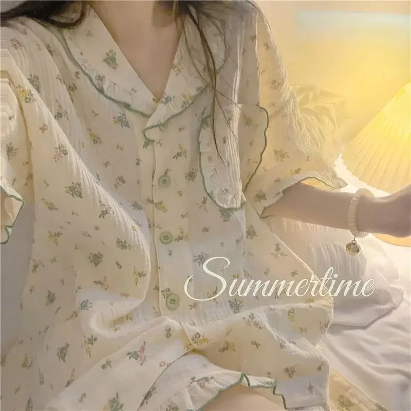 Flower Print Sleepwear Women Pajama Sets Korean Style Summer Piiama 2 Pieces Night Wears for Sleeping Student Cute Home Suit