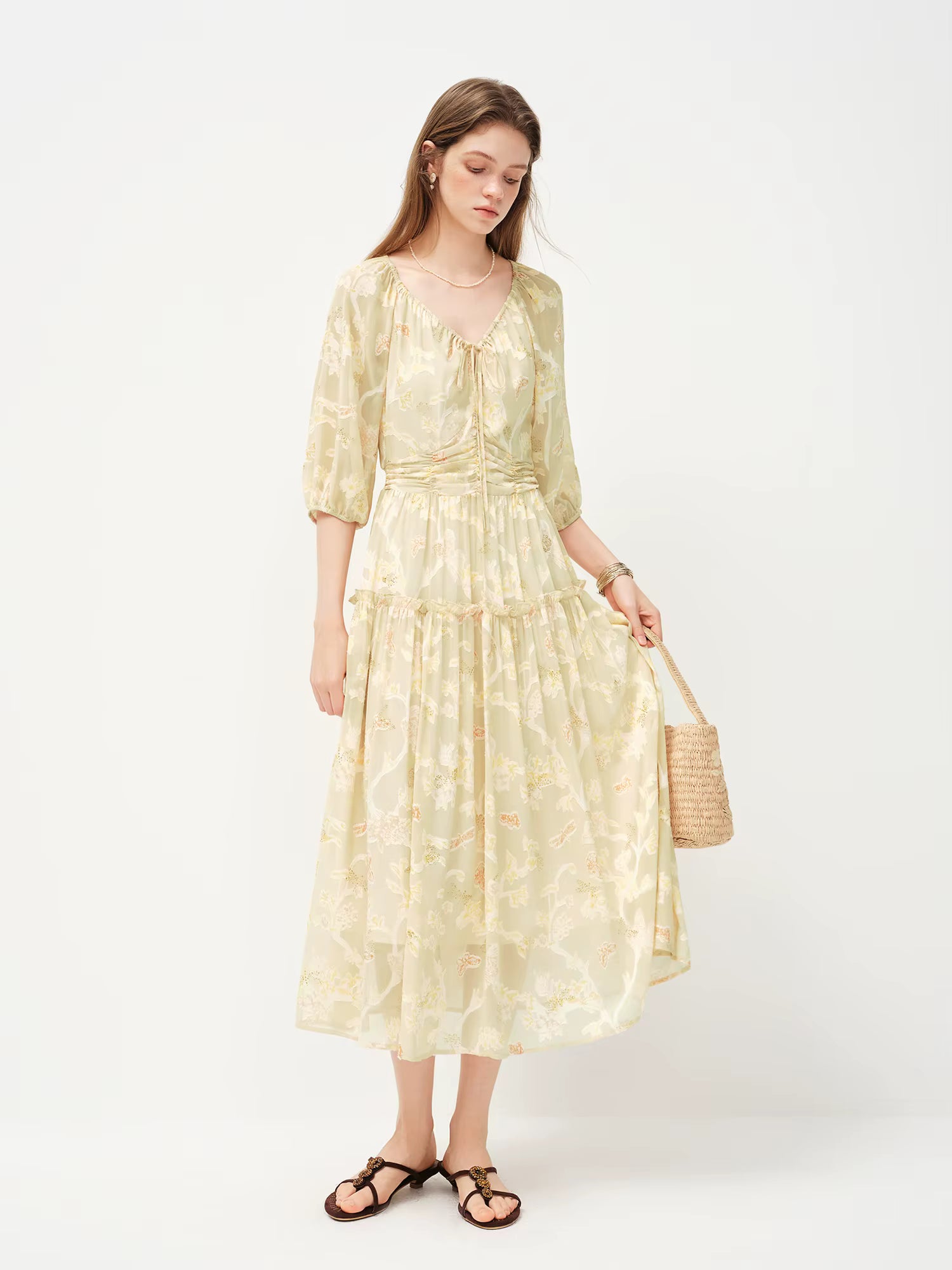 2026 Spring Women's Ethereal Textured Floral Embroidered Dress - Lily of the Valley Inspired Mid-Length Midi for Spring