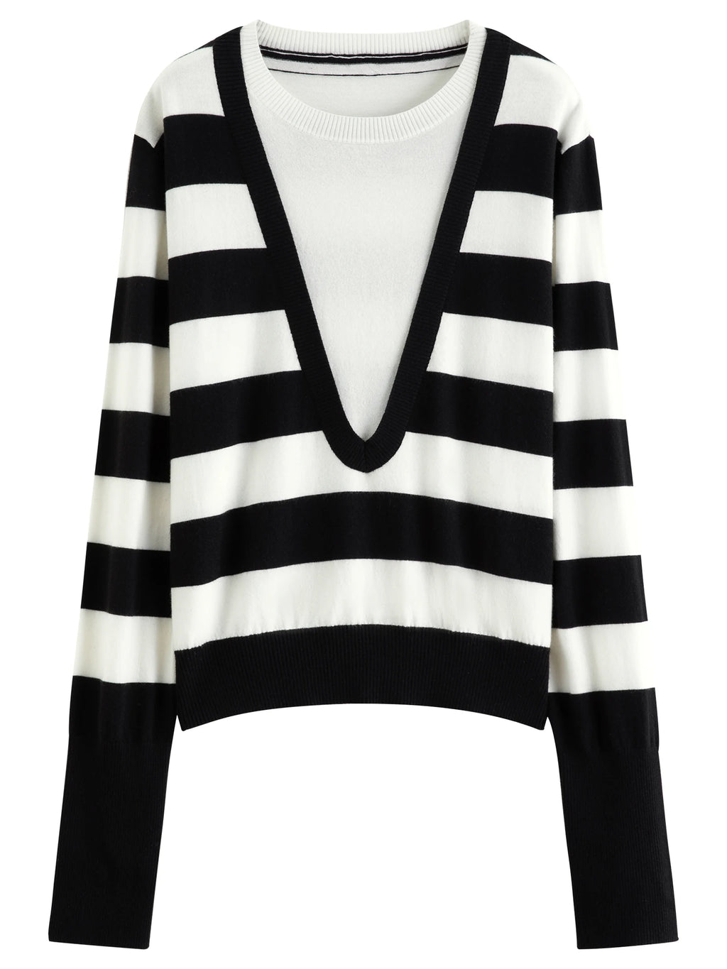 FSLE Black and White Striped Fake Two-piece Wool Sweater for Women 2025 Autumn New Style V-neck Loose Pullover Sweater