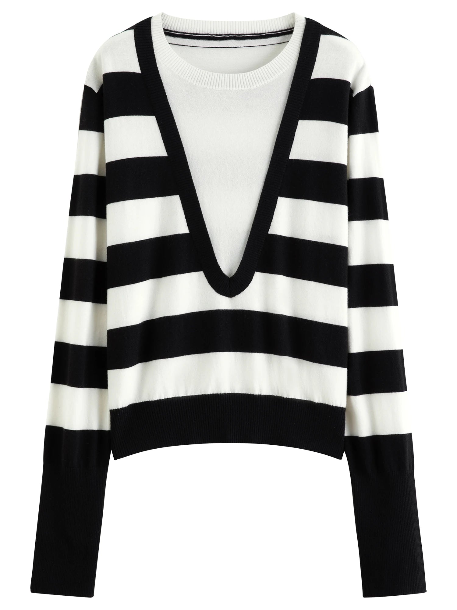 FSLE Black and White Striped Fake Two-piece Wool Sweater for Women 2025 Autumn New Style V-neck Loose Pullover Sweater