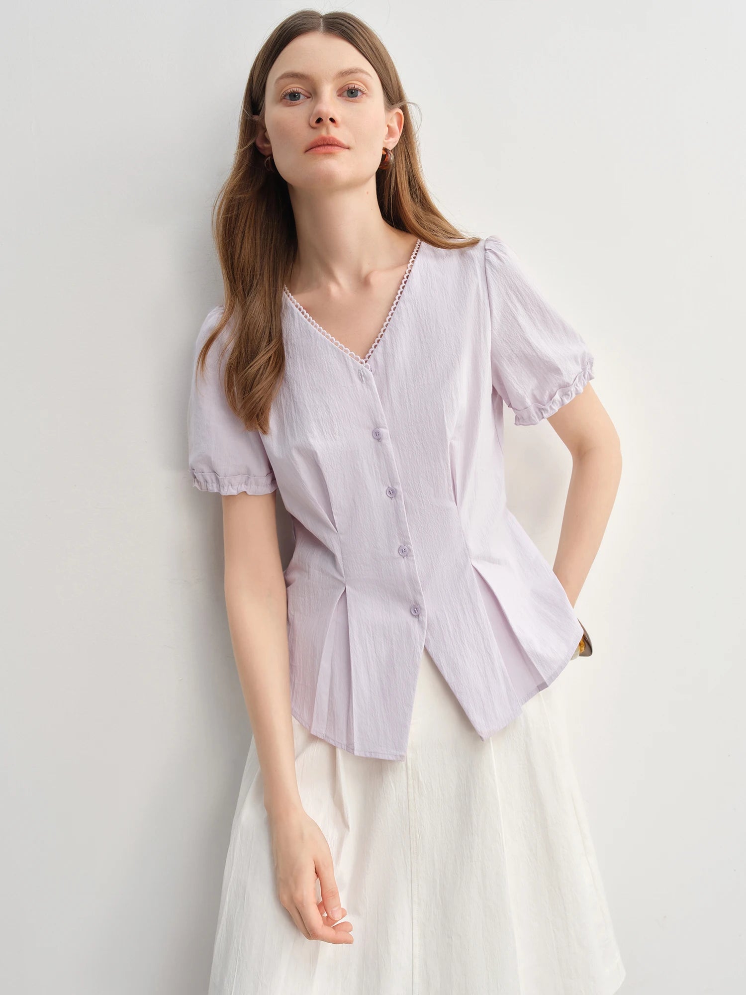 DUSHU Summer 2025 Women's V-Neck Blouse - Textured Pleats Accented Waist Relaxed Fit Resort Top