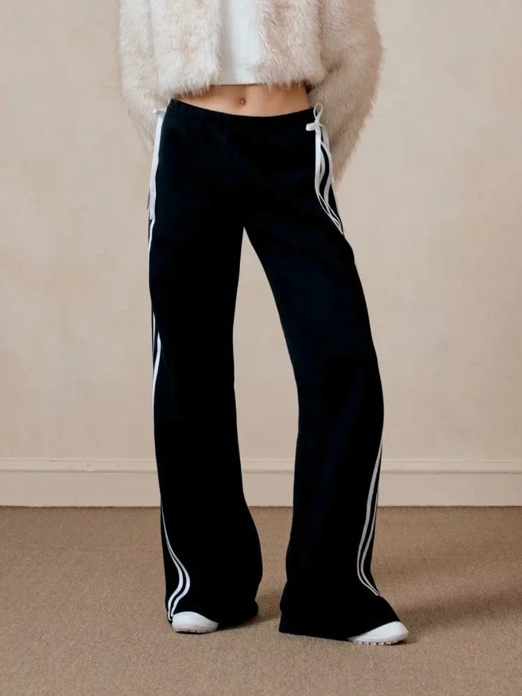 HOUZHOU Contrast Spliced Striped Sports Pants Women American Retro Kawaii Sweet  Bow Bandage High Waist Straight Leg Trousers