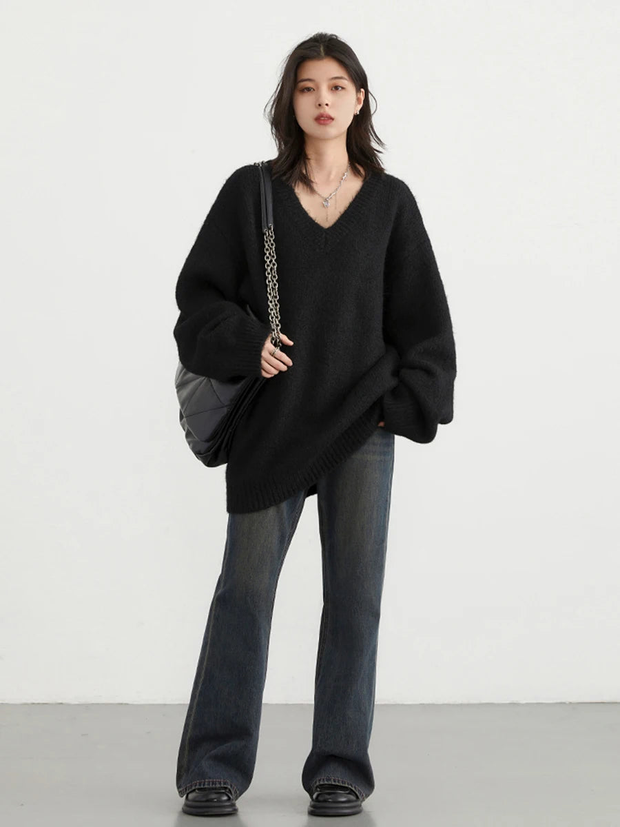 CHIC VEN Women Sweaters Korean Solid Loose V-neck Knitted Pullovers Fashion Ladies Tops Female Clothing Autumn Winter New 2024