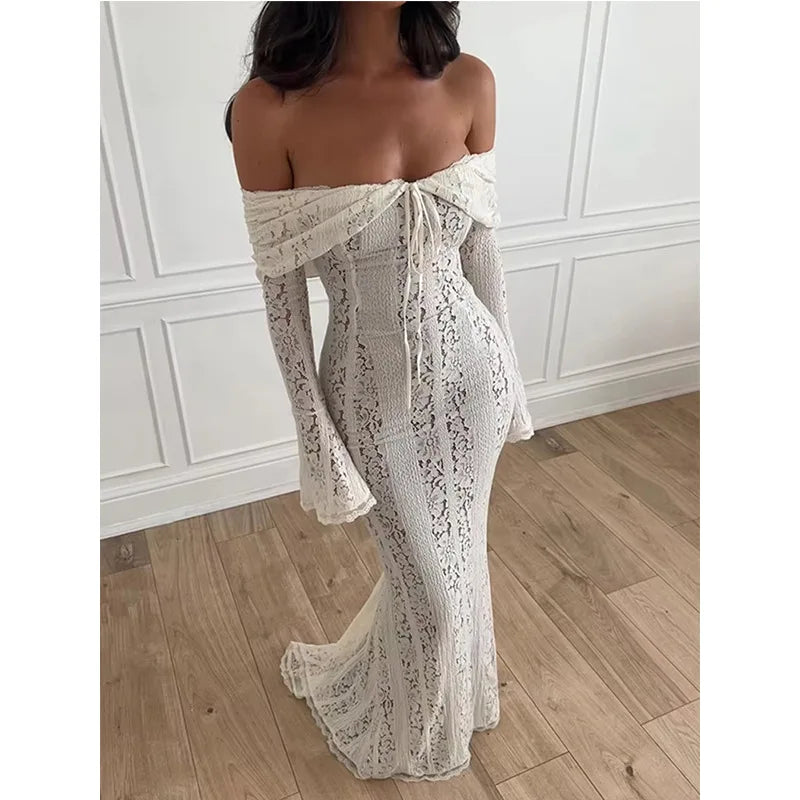 Elegant Off-Shoulder Lace Maxi Dress with Flared Sleeves and High-Low Hem
