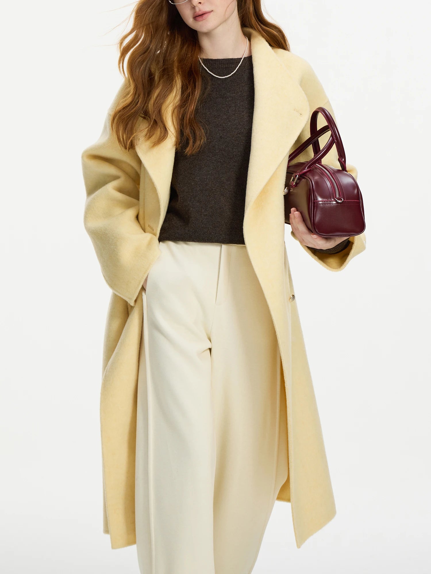 FSLE Wool 100% Double Breasted Stand Up Collar Double-sided Woolen Coat for Women's Autumn Winter 2024 New Woolen Coat