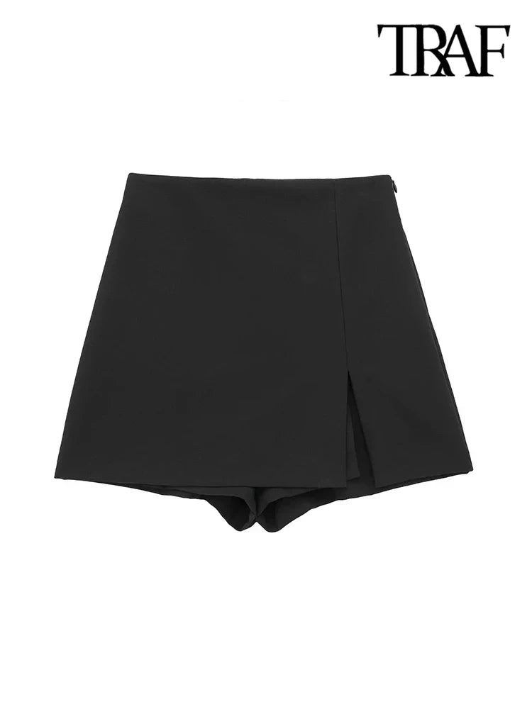 TRAF-Women's Front Slit Shorts Skirts With Side Zipper, High Waist, Female Skort,Fashion