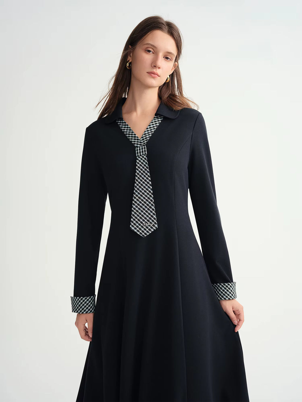 2025 Fall Winter Women's Plaid Tie-Neck Dress with Asymmetric Panel Design, Vintage Grid Pattern Collarless Shift