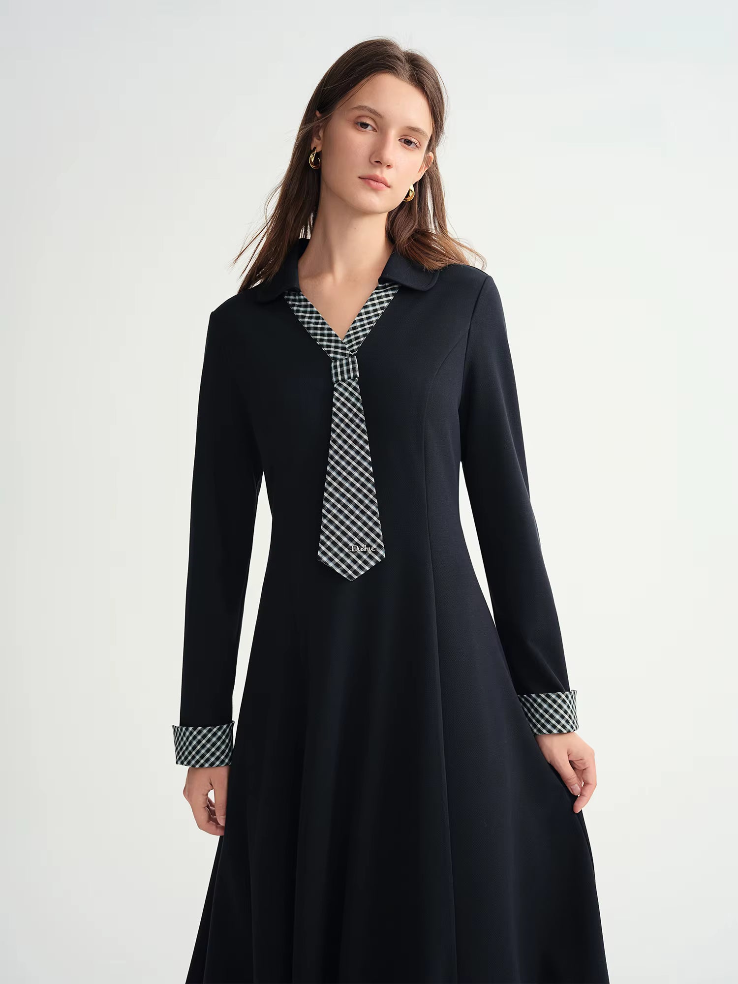 2025 Fall Winter Women's Plaid Tie-Neck Dress with Asymmetric Panel Design, Vintage Grid Pattern Collarless Shift