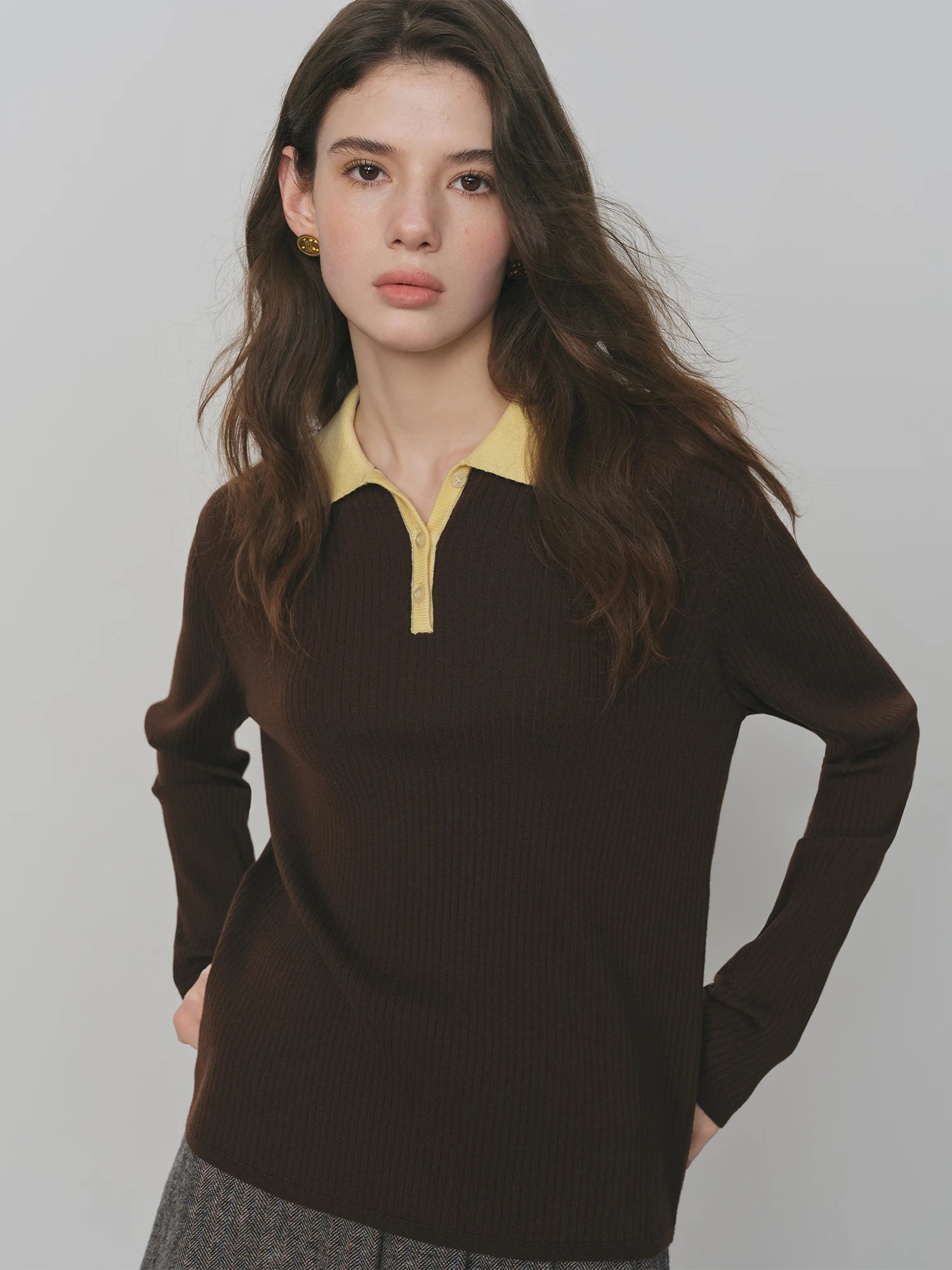 FSLE Silk and Wool Color Clash Polo Collar Knit Sweater for Women 2025 New Versatile Top Pullovers