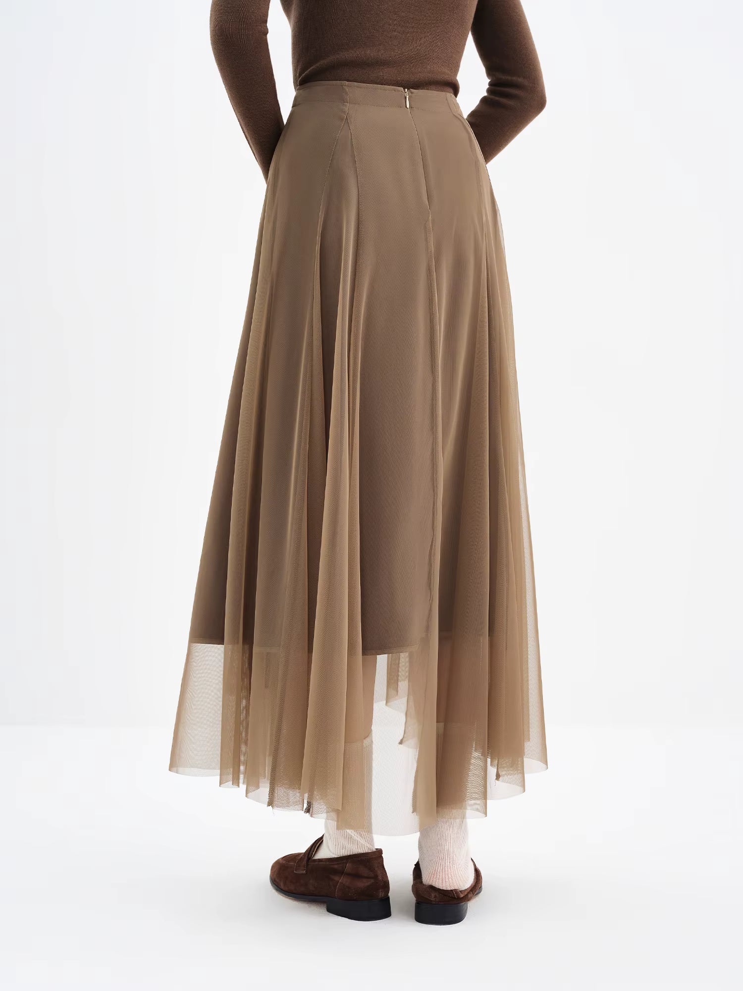 2025 Winter Women's Asymmetrical Hem A-Line Chiffon Skirt in Brown - Flowy Long Maxi Skirt with Draped Design for Casual
