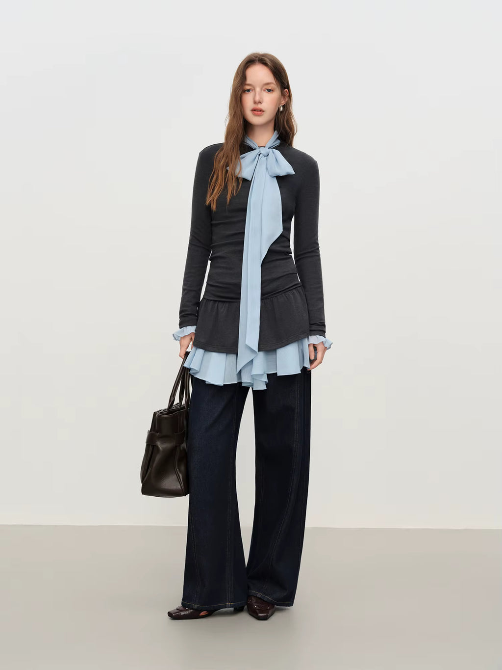 Korean Ballet Style Ruffled T-shirt Women's 2025 Autumn and Winter Chiffon Ribbon Shirt Layered Two-piece Suit