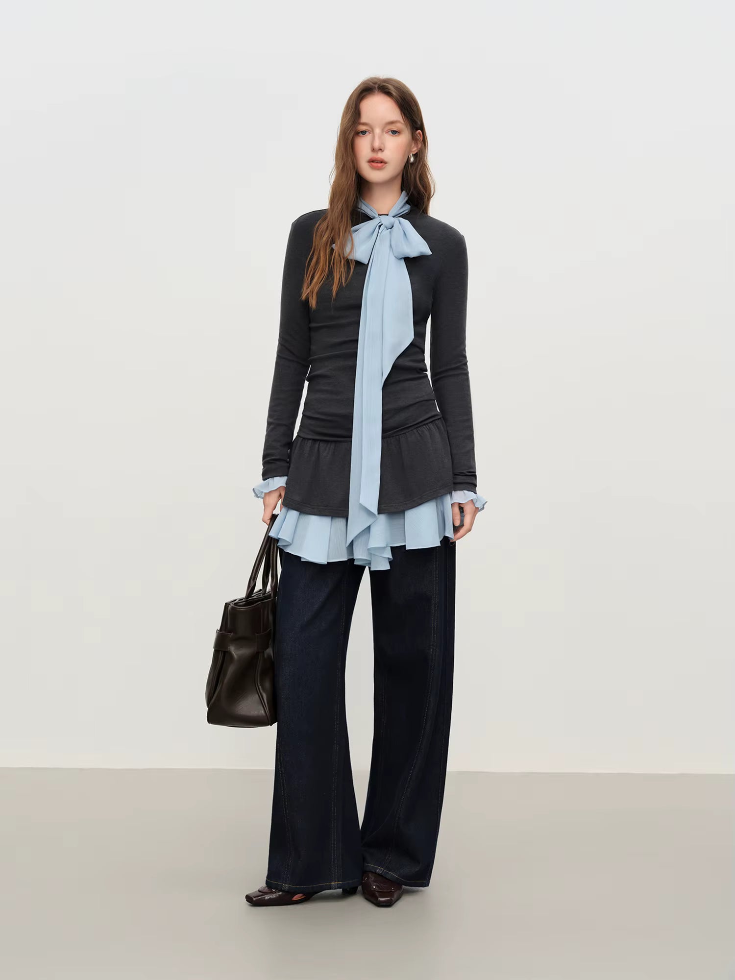 Korean Ballet Style Ruffled T-shirt Women's 2025 Autumn and Winter Chiffon Ribbon Shirt Layered Two-piece Suit