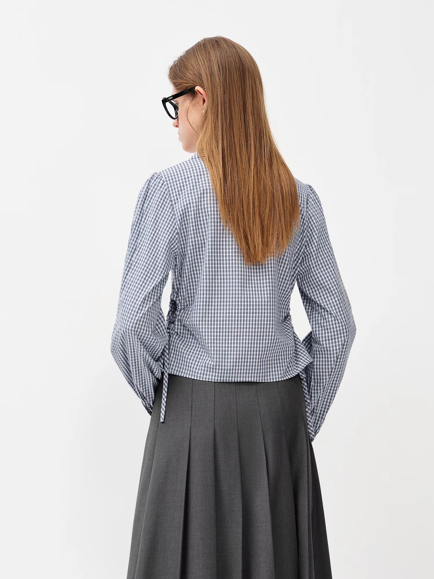 2026 Women Blue White Gingham Shirt Drawstring Waist Short Blouse Soft Cotton Cropped Long Sleeve Top for Coffee Date Style