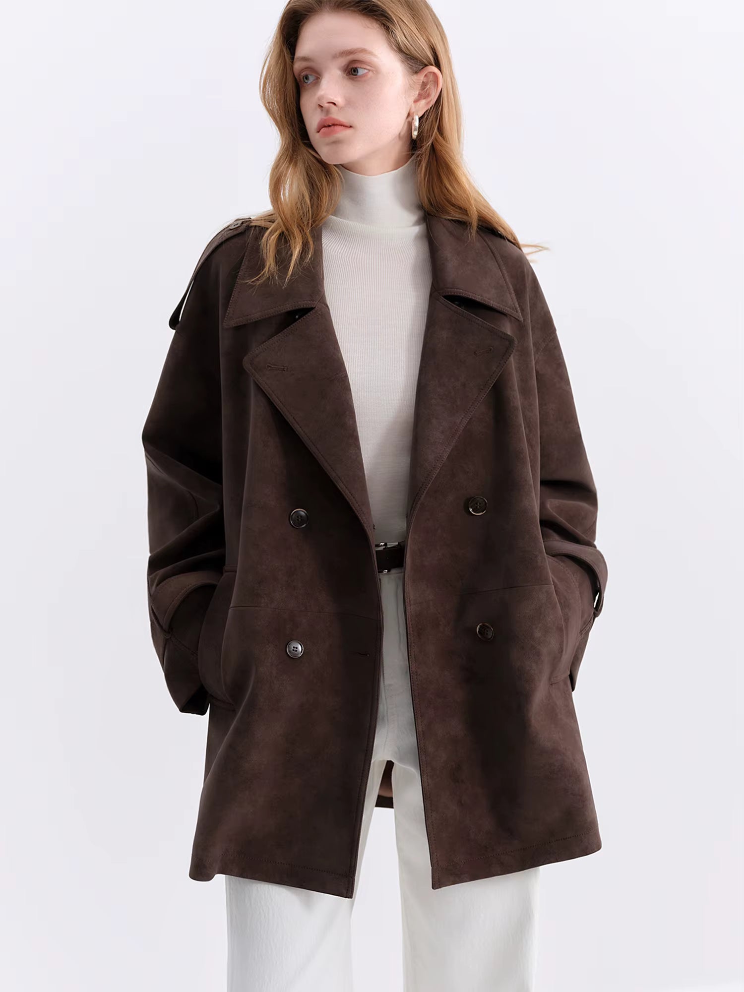 Retro Double-breasted Lapel Loose Leather Jacket for Women 2025 Winter New Casual Coffee-colored Jacket Loose Fit