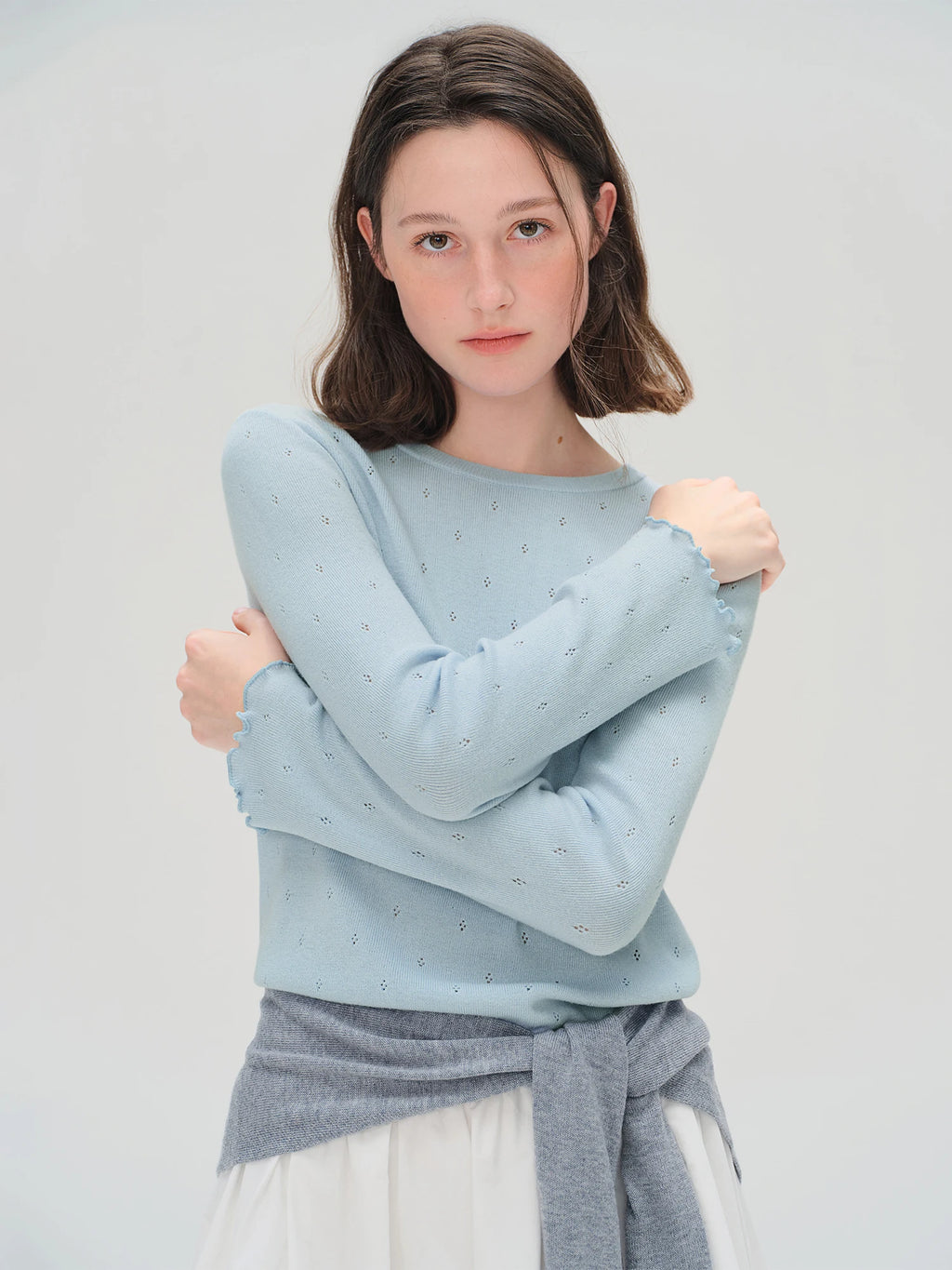 DUSHU Autumn 2025 Women's Round Neck Knit Top - Eyelet Trim Lace Edge Ribbed Texture Office Casual Blouse with Loose Fit