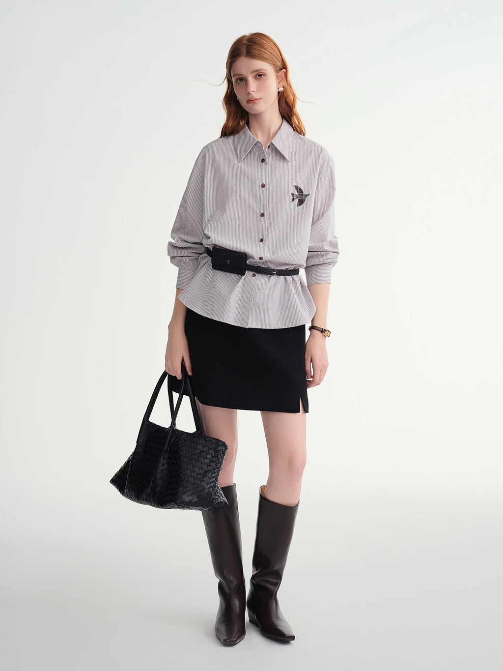 Plus-Size Women Fashion The Birds Artistic Checkered Applique Embroidery Stripe Shirt Winter 2025 Collection Women Shirt