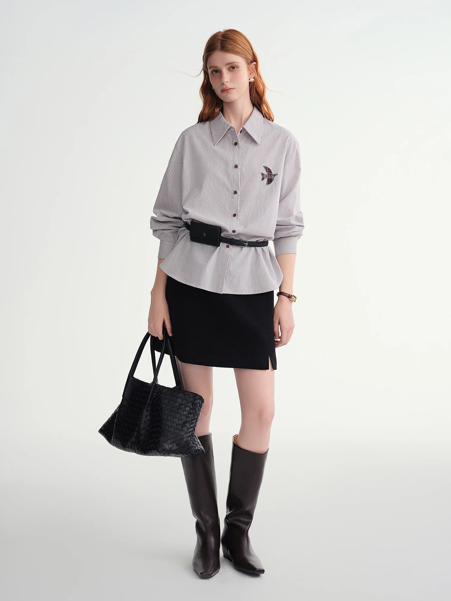 Plus-Size Women Fashion The Birds Artistic Checkered Applique Embroidery Stripe Shirt Winter 2025 Collection Women Shirt
