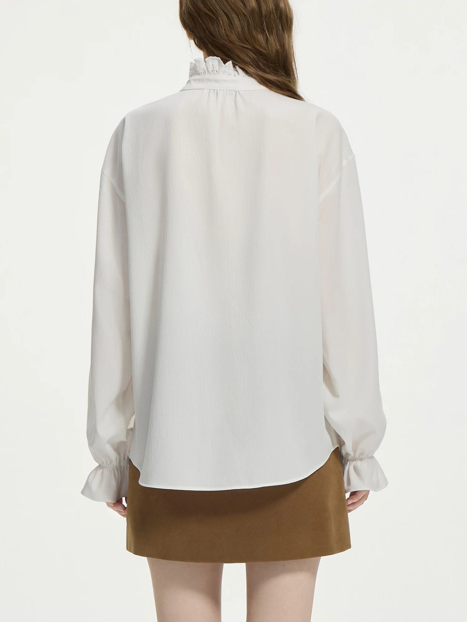 FSLE Women White Long Sleeve Shirts Ruffled Stand Collar Design Temperament Solid Loose Lantern Sleeve Blouse Tops 24FS14686