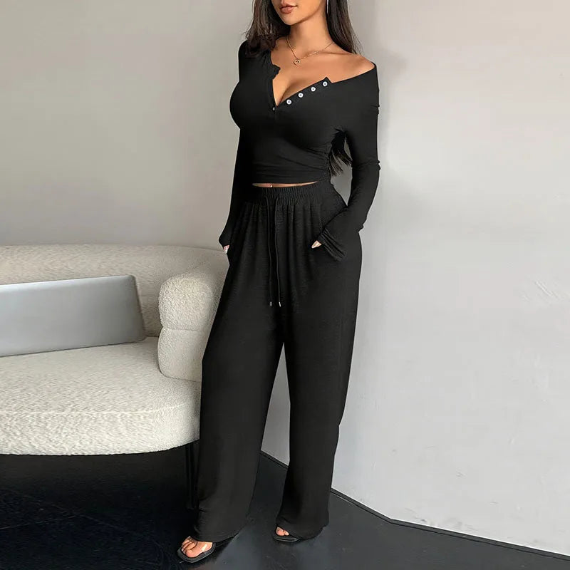 Women Two Piece Sets Pajama Set Sexy V-neck Long Sleeve Shirts Loose High Waist Wide Leg Pant Sets Lady Sleepwear Tracksuits