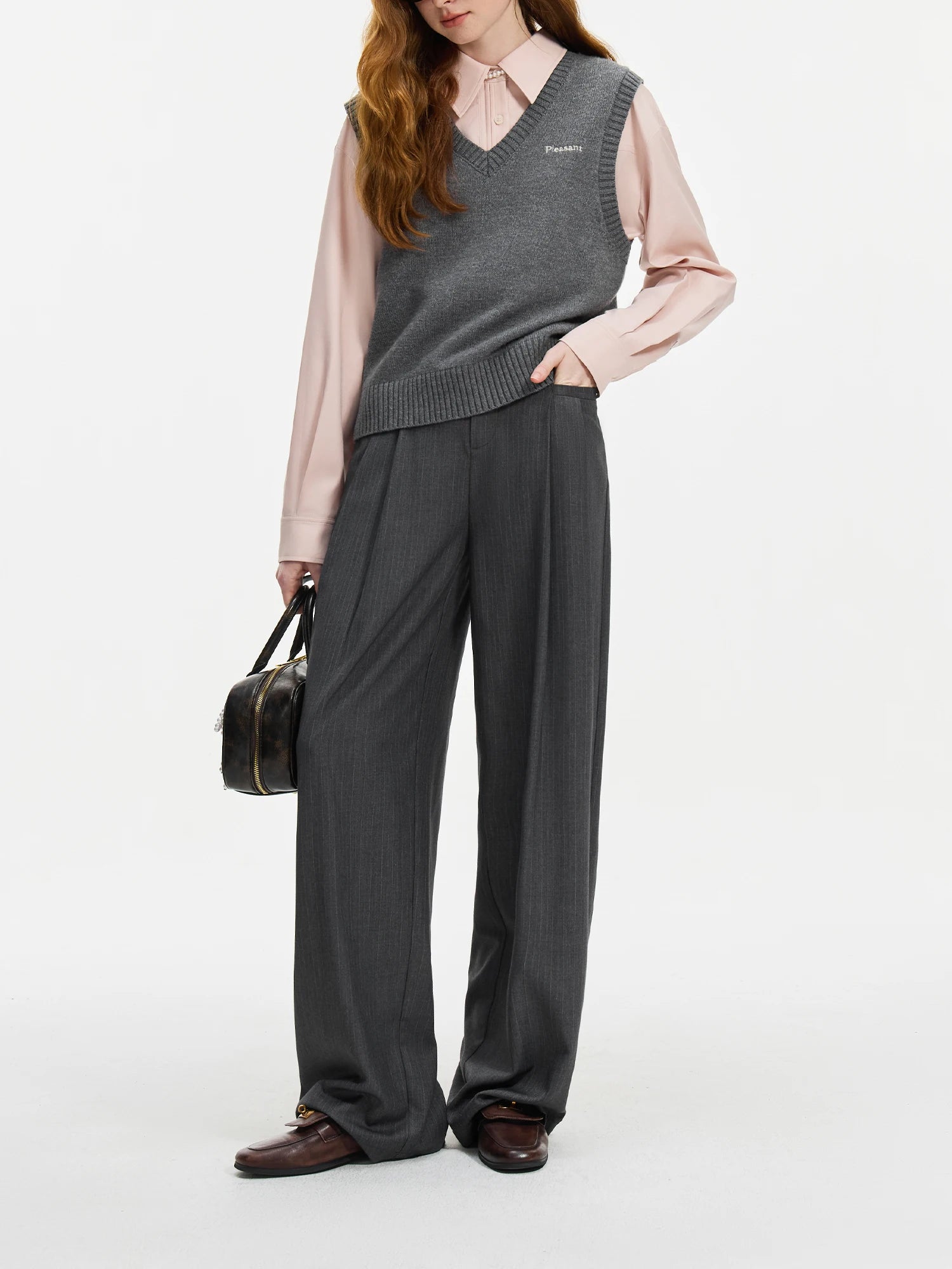 FSLE Black Gray High-waisted Loose Straight Casual Pants For Women 2024 Autumn Winter New Commuter Versatile Pants 24FS14335