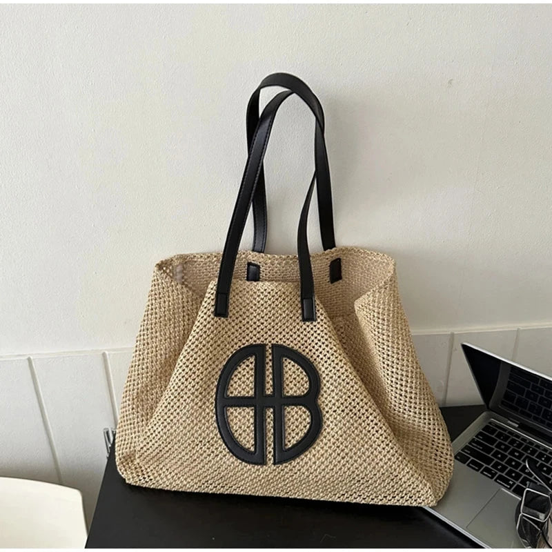 Straw Hollow Out Knitting Tote Bag Large Capacity Handmade Shoulder Handbag Women 2023 Designer Casual Beach Bag Ethnic Style