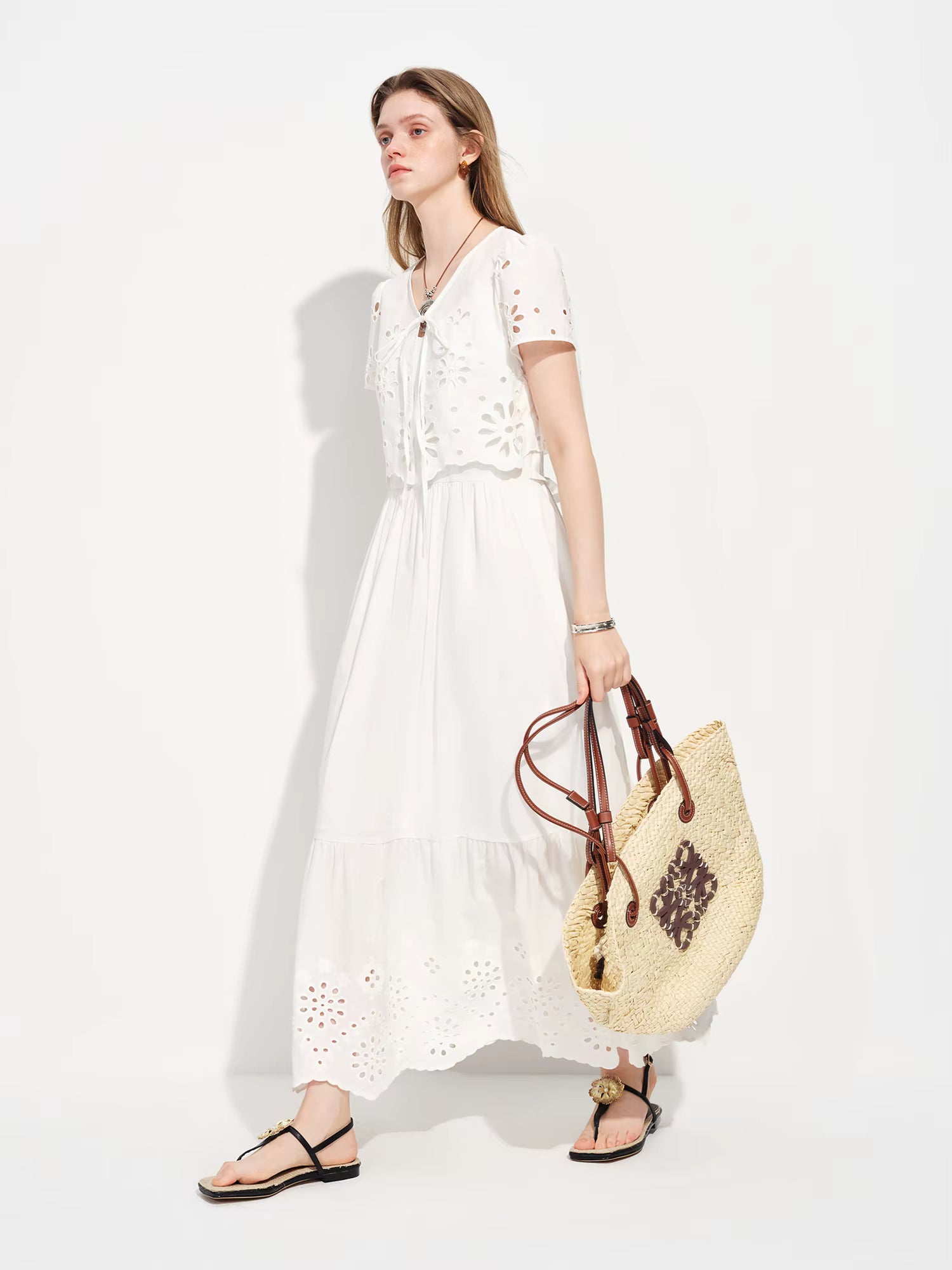 2026 Spring Women's White Two Piece Set Lace Trim Embroidery T-Shirt Slip Dress Soft Romantic Coquette Style Elegant Outfit