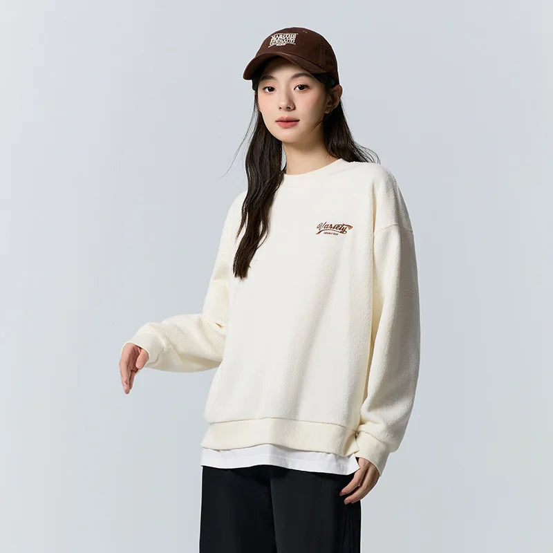 Semir Sweatshirt Women Mid-Length Heating Imitation Lamb Wool Loose Fake Two-Piece Letter Embroidery Dropped Shoulder Top