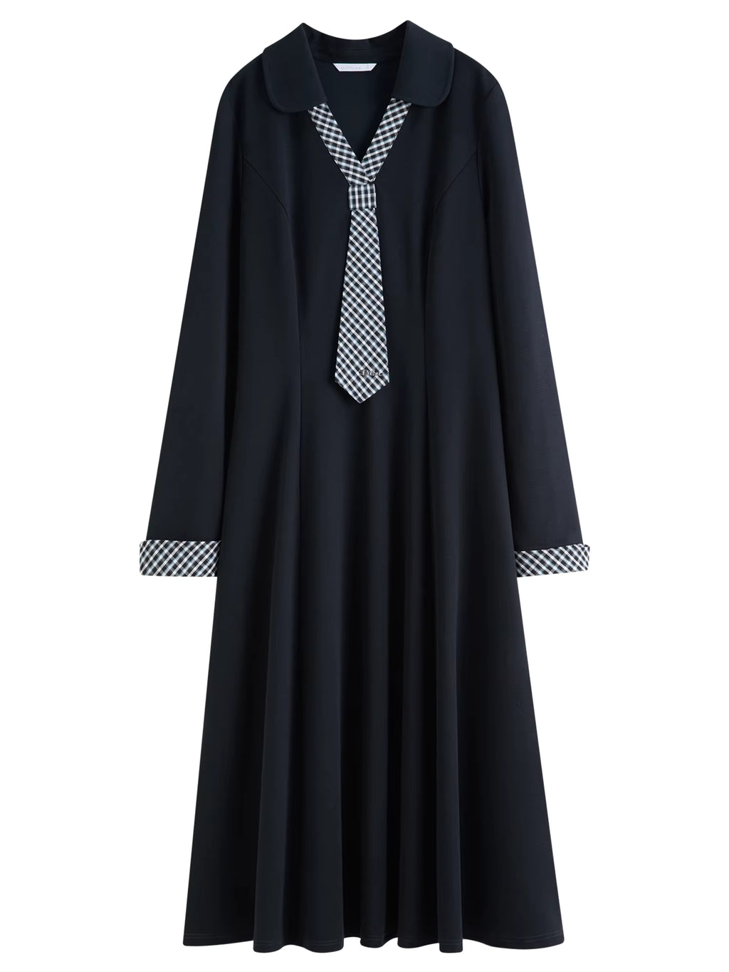 2025 Fall Winter Women's Plaid Tie-Neck Dress with Asymmetric Panel Design, Vintage Grid Pattern Collarless Shift