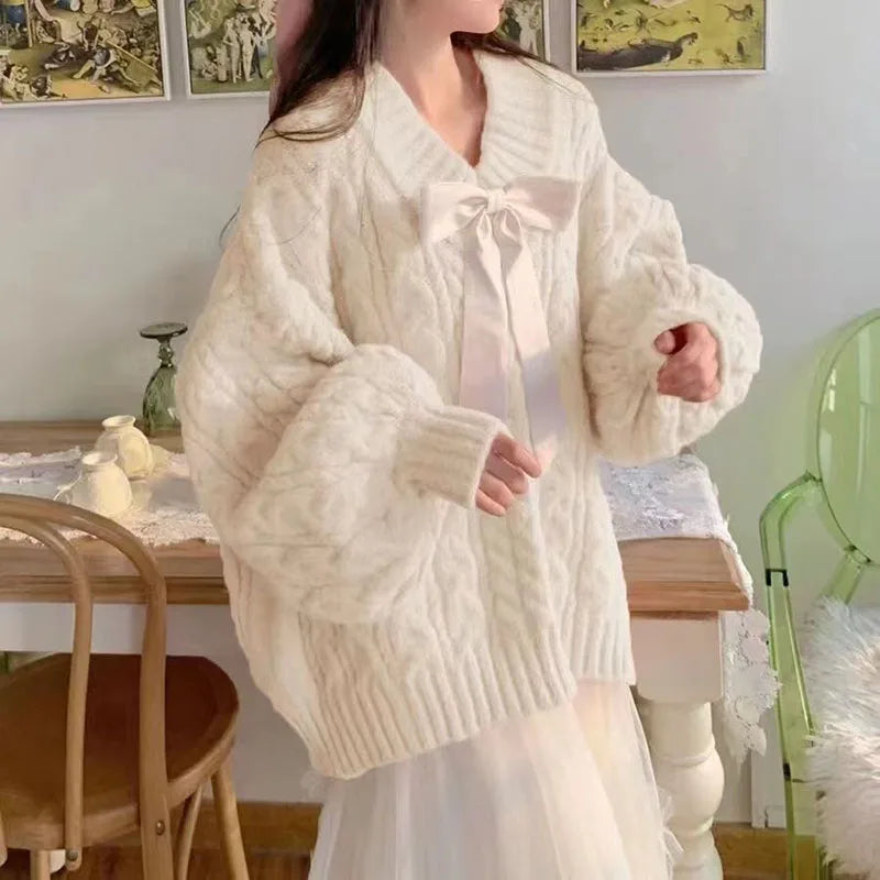 Pink Kawaii Oversize Knitwear Sweaters Women Sweet Cute Big Bow Pullovers Autumn Winter Keep Warm Lantern Sleeve V-Neck Sweater
