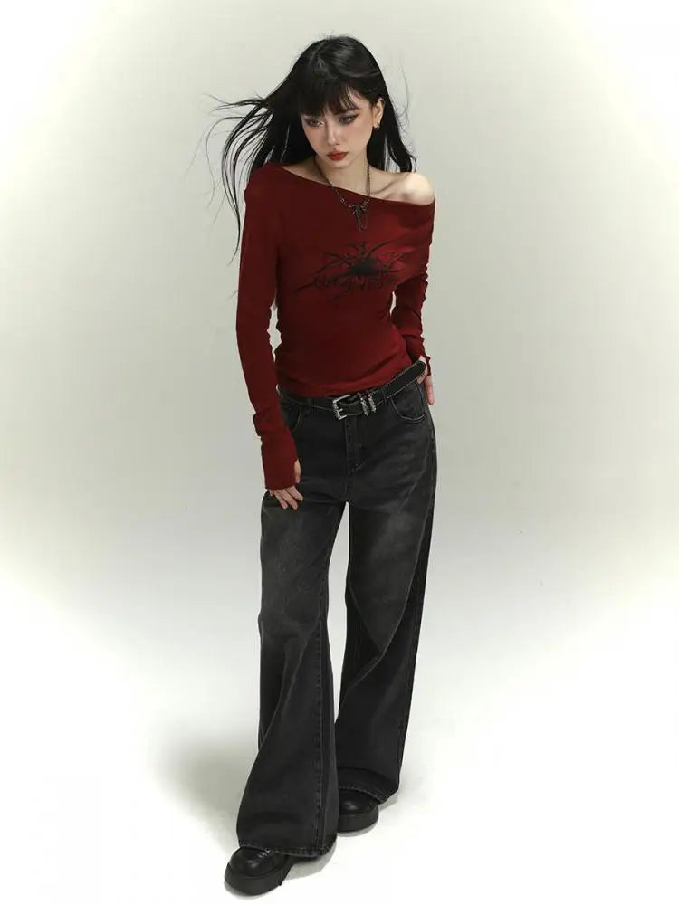 Tawaaiw Gothic Burgundy Print T Shirt Women Long Sleeve Off Shoulder Slim Vintage Grunge Aesthetic Tee Shirt Femme Y2k Tops Chic