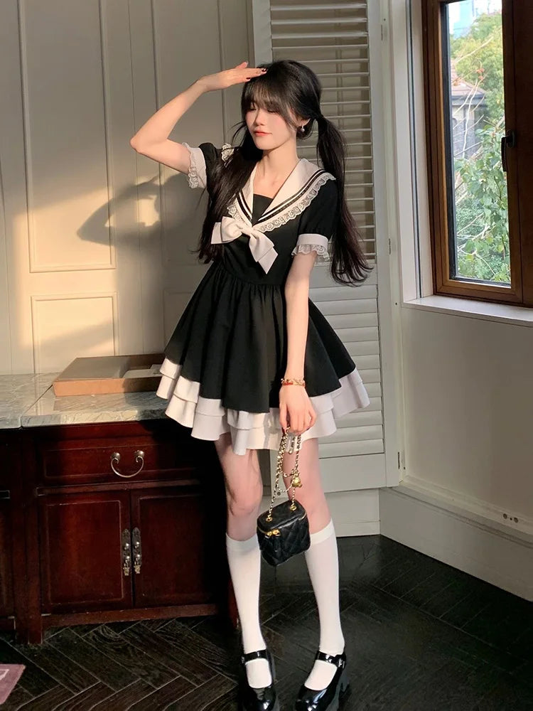 Black Dress Women Bow Japanese Cute Lolita Dress Women Sweet lace Puff Sleeve Student Dresses Party Sailor Collar Kawaii Dress