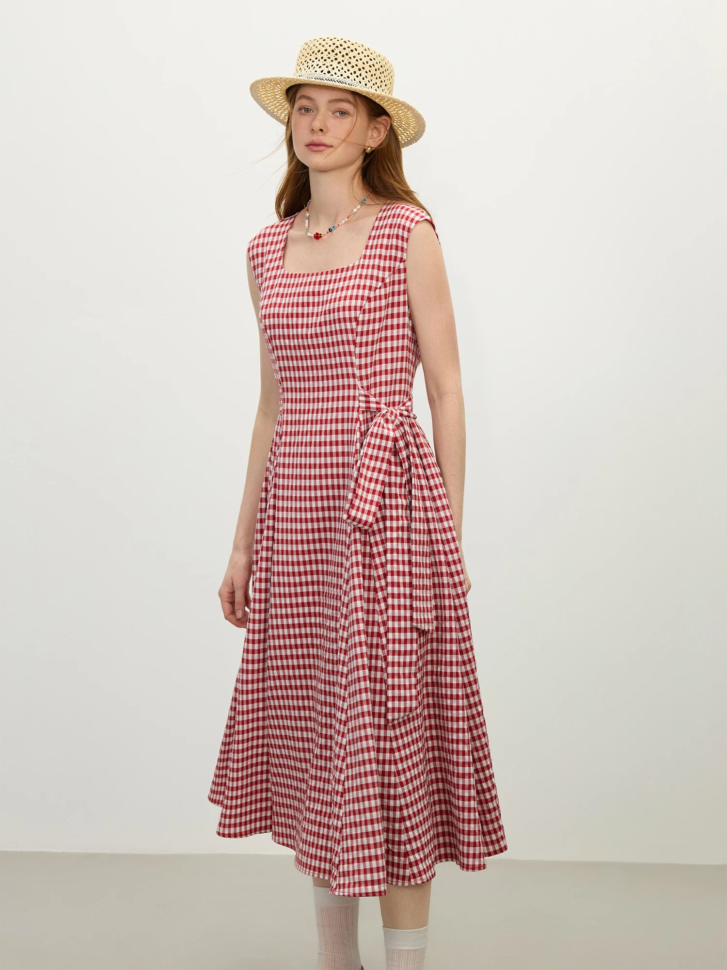 FSLE 2025 Summer New Red Plaid Dress Sleeveless Casual Style Female Summer Long Dress With Sashes High Waist Dress