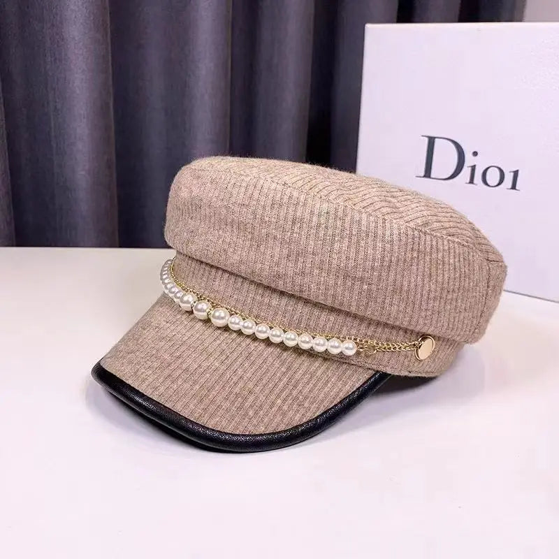 Autumn Winter Pearl Chain Flat Top Navy Hat Fashion Beret Newsboy Caps Berret Woman Octagonal Hats Women's Designer Apparel