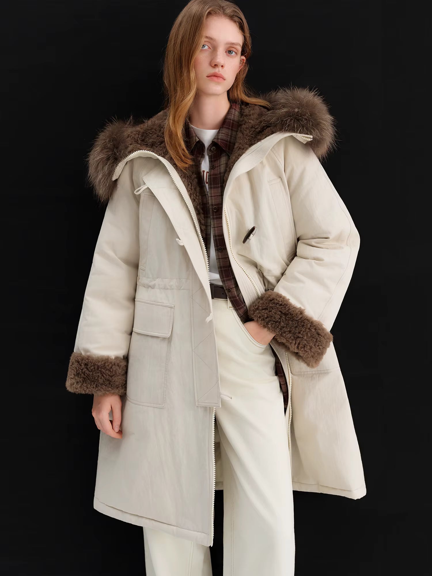 Women's Fur-Lined Down Parka with Wool Blending Mid-Length Winter Jacket for 2025 Winter New Arrival Long Hooded Jacket