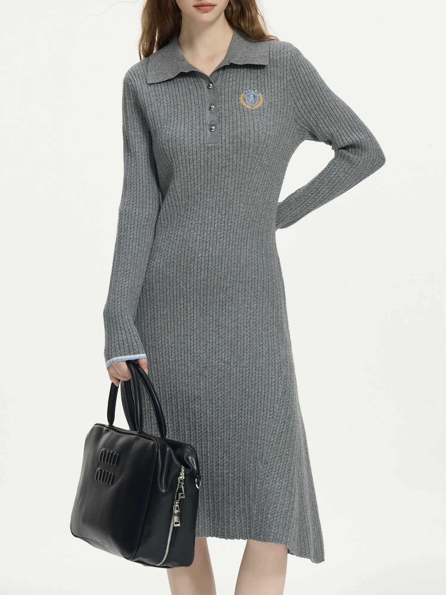 FSLE Office Lady College Style Embroidered Lapel Slim Fit Solid Color Knitted Dress 2024 Winter New Style Interior 24FS14353