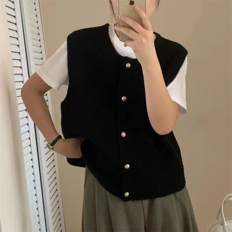 2024 Spring Fall Korean Fashion Round Neck Sweater Vest Solid Color Knitted Tank Top Sleeveless Cardigan Waistcoat Knitwear