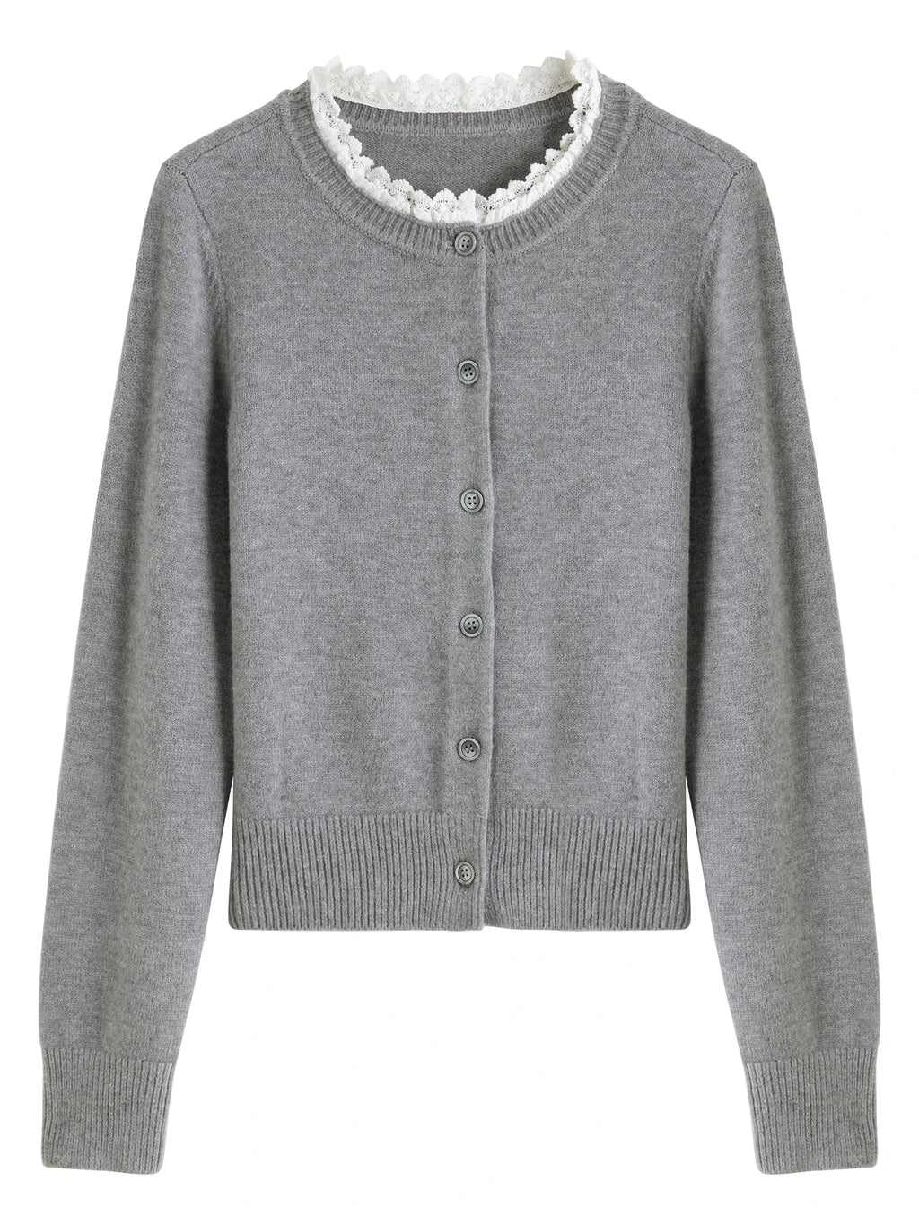 ZIQIAO Autumn 2025 Women's Retro Lace Trim Cardigan - Sweet Style Round Neck Knit Top Vintage Inspired Design Casual Layering
