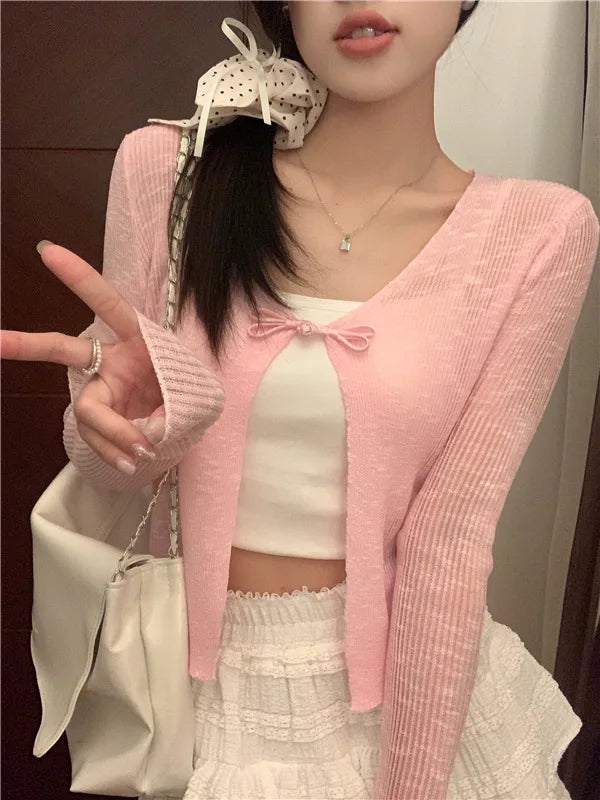Ice Silk Knitted Buckle Cardigan Women Thin Long Sleeve Outerwear Sun Protection Shawl Sunscreen Air Conditioning Clothes
