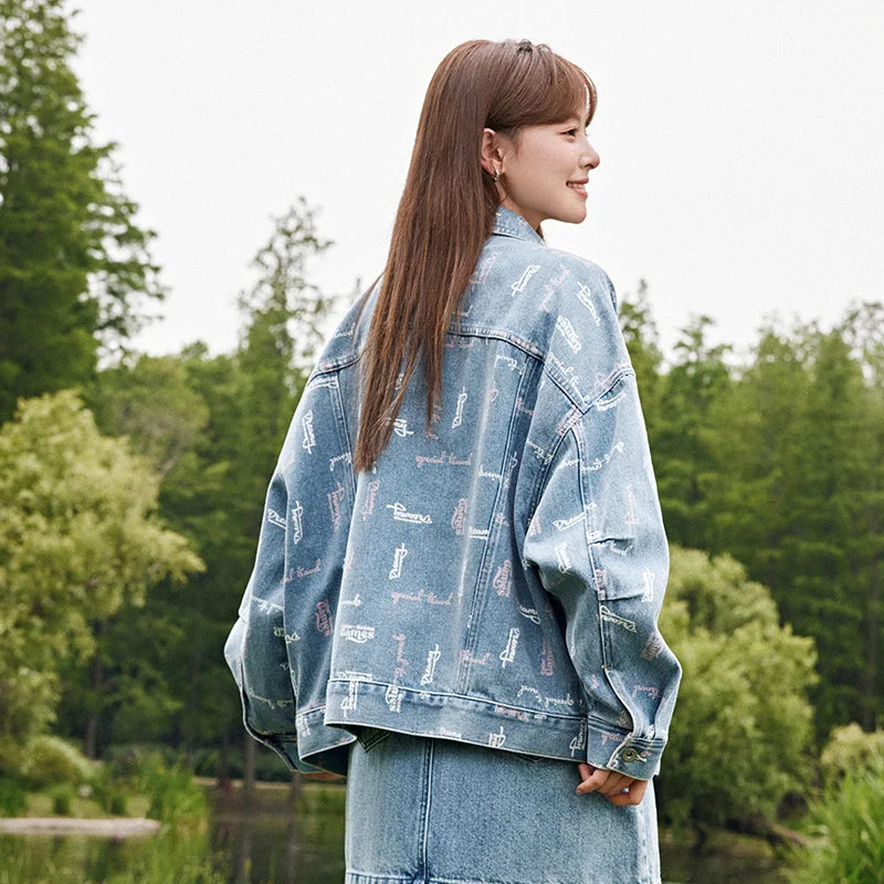 Semir Denim Jacket Women Full Print 2023 New Autumn Loose Trendy Jacket